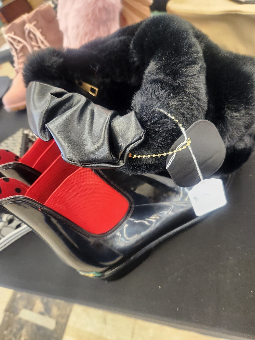 Ralph Lauren Black Patent Ankle Boot with Red Lining and New Faux-Fur Bag